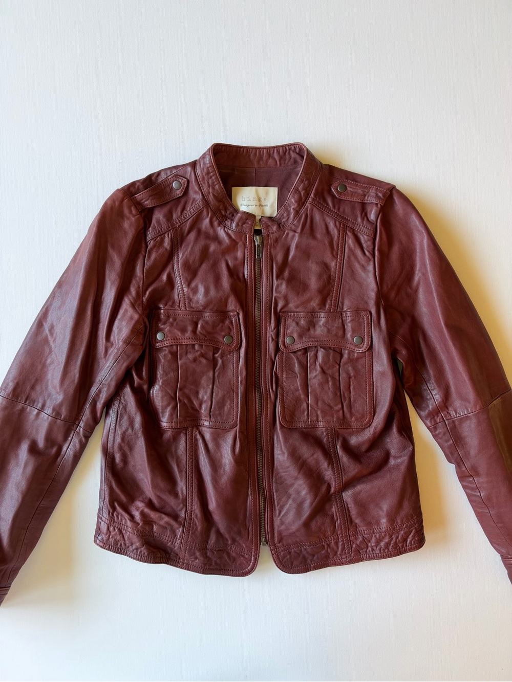 hinge Women's Burgundy Leather Moto Jacket